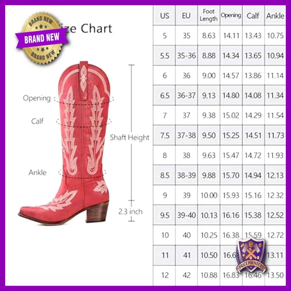 Knee High Cowgirl Boots Embroidered Slip On Pointed Toe Chunky Heel Retro - Picture 4 of 7